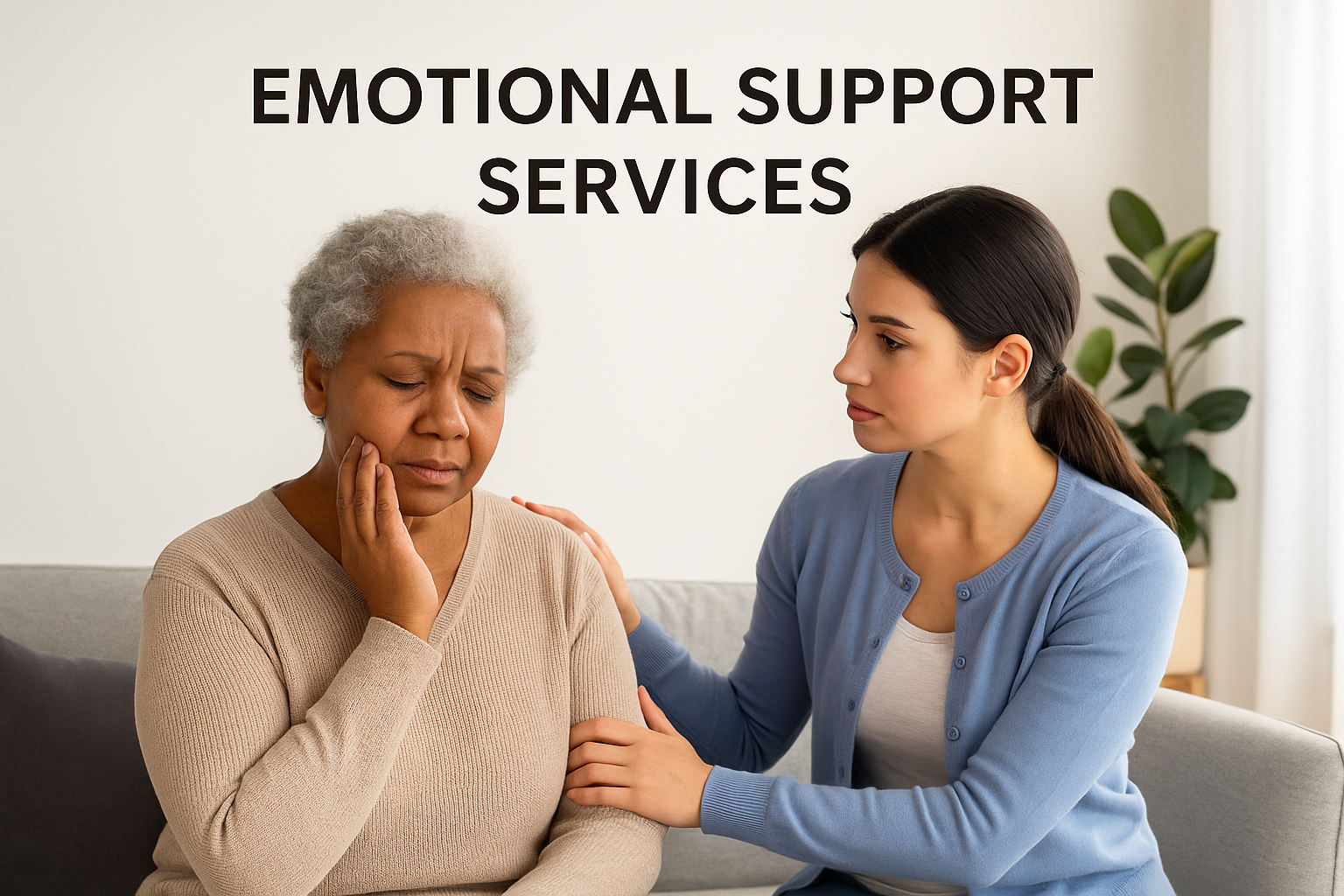 Professional caregiver providing emotional support to senior in Edison home