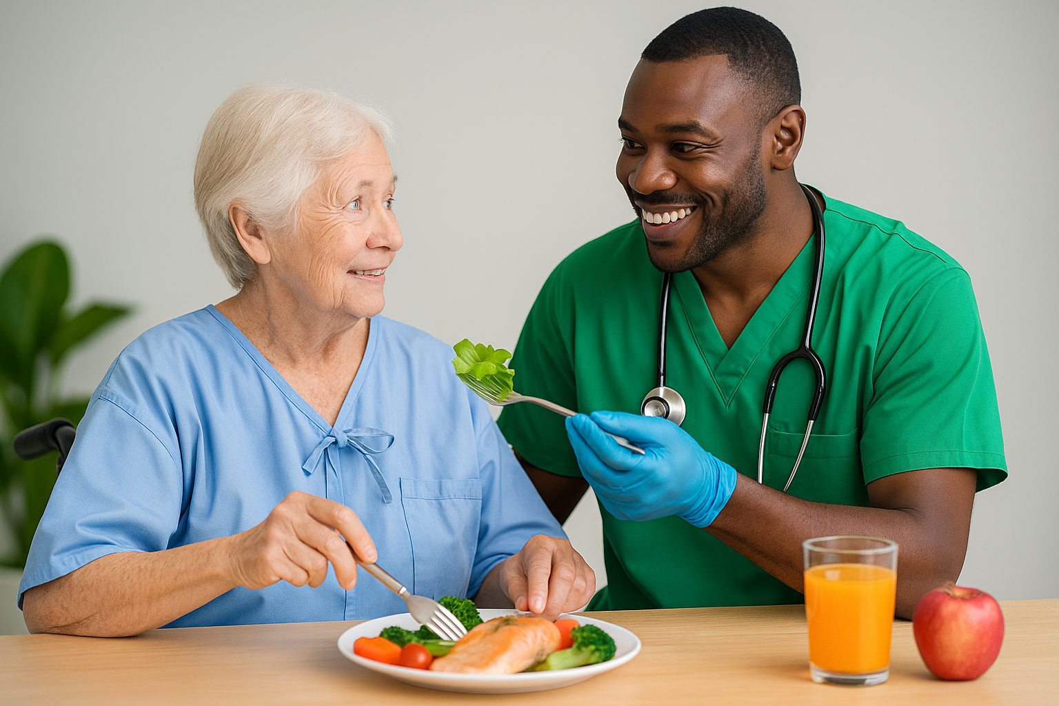 Professional caregiver providing nutrition support to senior in Middlesex County