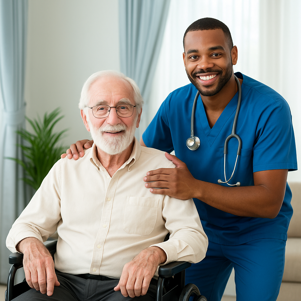Professional caregiver providing compassionate care to senior in Middlesex County home