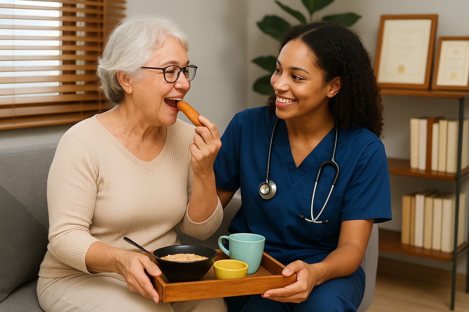 Professional caregiver preparing nutritious meal for senior in Middlesex County home